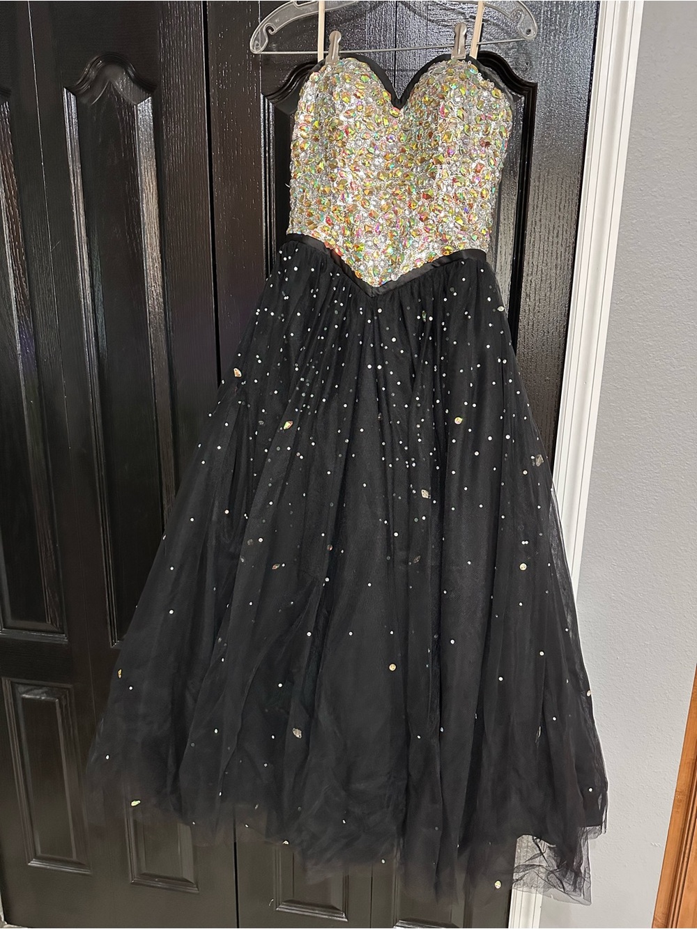 Stunning Beaded Rhinestone Prom Gown Tulle Ball Dress Strapless Black Silver